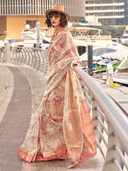 Akhilam - Womens Tissue Beige Floral Woven Designer Saree with Unstitched Blouse