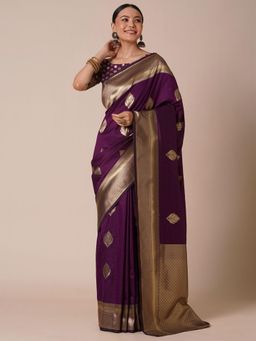 Akhilam - Womens Silk Blend Purple Zari Woven Design Saree with Unstitched Blouse