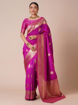 Akhilam - Womens Silk Blend Magenta Zari Woven Design Saree with Unstitched Blouse