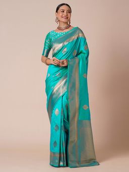 Akhilam - Womens Silk Blend Sea Blue Zari Woven Design Saree with Unstitched Blouse