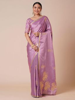 Akhilam - Womens Satin Lavender Woven Design Saree with Unstitched Blouse