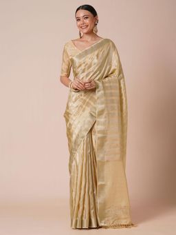 Akhilam - Womens Silk Blend Cream Stripes Woven Designer Saree with Unstitched Blouse