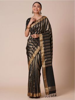 Akhilam - Womens Silk Blend Black Stripes Woven Designer Saree with Unstitched Blouse
