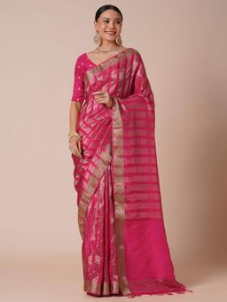 Akhilam - Womens Silk Blend Pink Stripes Woven Designer Saree with Unstitched Blouse