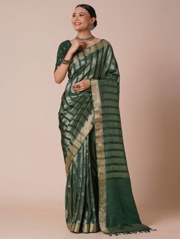 Akhilam - Womens Silk Blend Green Stripes Woven Designer Saree with Unstitched Blouse