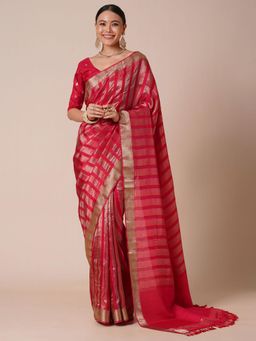 Akhilam - Womens Silk Blend Red Stripes Woven Designer Saree with Unstitched Blouse