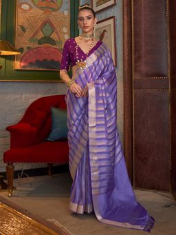 Akhilam - Womens Silk Blend Purple Stripes Woven Saree with Unstitched Blouse