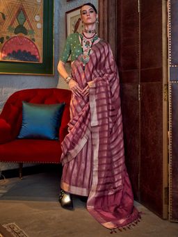 Akhilam - Womens Silk Blend Maroon Stripes Woven Saree with Unstitched Blouse