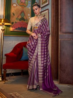 Akhilam - Womens Silk Blend Wine Stripes Woven Saree with Unstitched Blouse