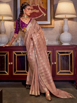 Akhilam - Womens Silk Blend Beige Stripes Woven Saree with Unstitched Blouse