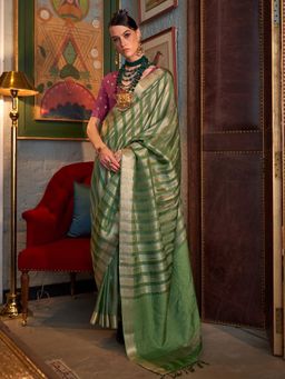 Akhilam - Womens Silk Blend Green Stripes Woven Saree with Unstitched Blouse