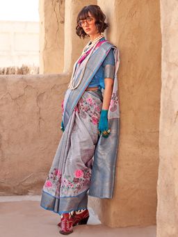 Akhilam - Womens Georgette Blue Checks Woven Saree with Unstitched Blouse