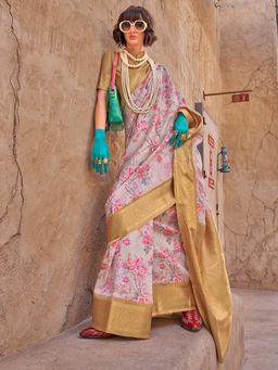 Akhilam - Womens Georgette Pink Checks Woven Design Saree with Unstitched Blouse