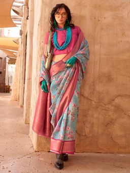 Akhilam - Womens Georgette Blue Checks Woven Design Saree with Unstitched Blouse