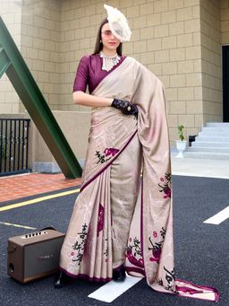 Akhilam - Womens Crepe Beige Printed Designer Saree with Unstitched Blouse