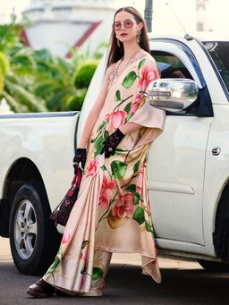 Akhilam - Womens Crepe Beige Floral Printed Designer Saree with Unstitched Blouse