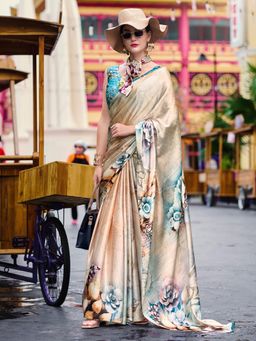 Akhilam - Womens Crepe Beige Floral Printed Designer Saree with Unstitched Blouse