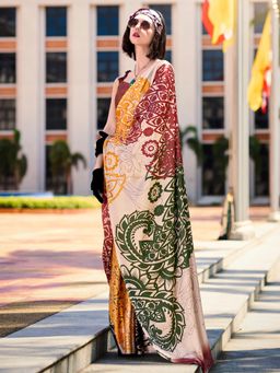Akhilam - Womens Crepe Beige Printed Designer Saree with Unstitched Blouse