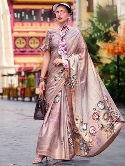 Akhilam - Womens Crepe Beige Floral Printed Designer Saree with Unstitched Blouse