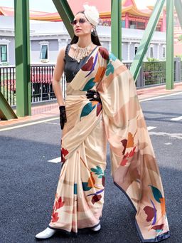 Akhilam - Womens Crepe Beige Printed Designer Saree with Unstitched Blouse