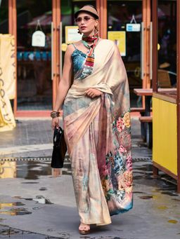 Akhilam - Womens Crepe Beige Floral Printed Designer Saree with Unstitched Blouse
