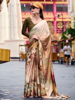 Akhilam - Womens Crepe Beige Printed Designer Saree with Unstitched Blouse