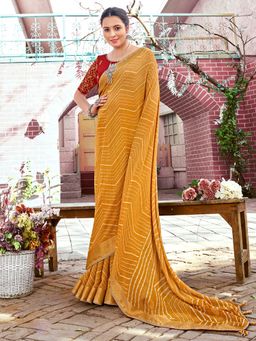 Sareemall - Womens Georgette Mustard Printed Woven Designer Saree with Unstitched Blouse
