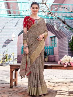 Sareemall - Womens Georgette Beige Printed Bandhani Saree with Unstitched Blouse