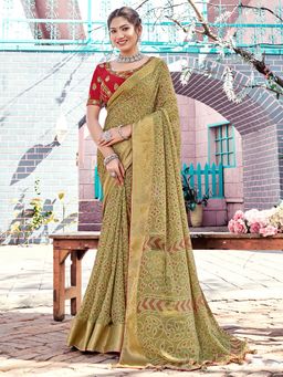 Sareemall - Womens Georgette Olive Printed Bandhani Saree with Unstitched Blouse