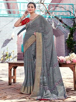 Sareemall - Womens Georgette Grey Printed Bandhani Saree with Unstitched Blouse