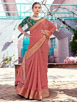 Sareemall - Womens Georgette Peach Printed Bandhani Saree with Unstitched Blouse