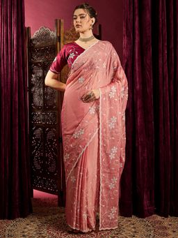 Akhilam - Womens Chiffon Peach Embroidered Saree with Unstitched Blouse
