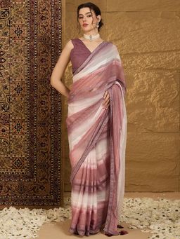 Akhilam - Womens Chiffon Brown Embellished Designer Saree with Unstitched Blouse