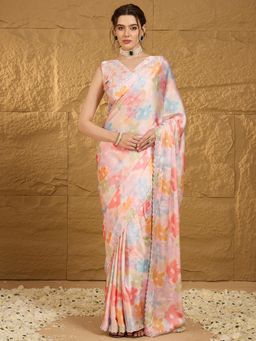 Akhilam - Womens Satin Peach Floral Printed Embellished Saree with Unstitched Blouse
