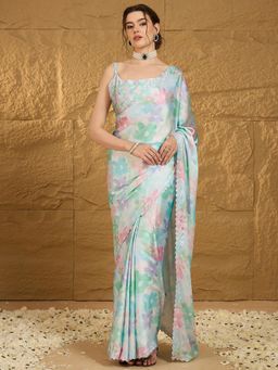 Akhilam - Womens Satin Sea Green Floral Printed Embellished Saree with Unstitched Blouse