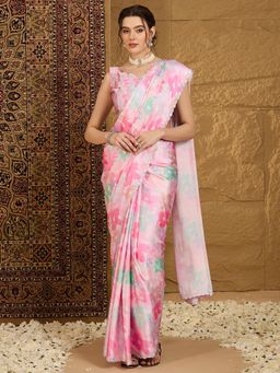 Akhilam - Womens Satin Pink Floral Printed Embellished Saree with Unstitched Blouse