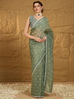 Akhilam - Womens Chiffon Green Embroidered Thread Work Saree with Unstitched Blouse