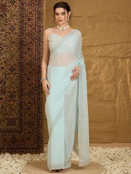 Akhilam - Womens Chiffon Sky Blue Embellished Designer Saree with Unstitched Blouse