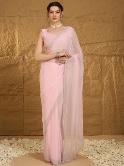 Akhilam - Womens Chiffon Pink Embellished Designer Saree with Unstitched Blouse
