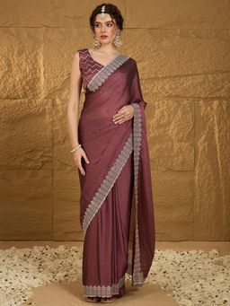 Akhilam - Womens Chiffon Brown Embroidered Designer Saree with Unstitched Blouse
