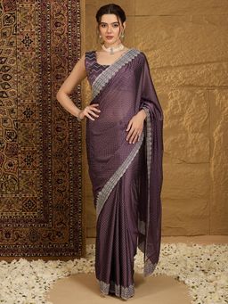 Akhilam - Womens Chiffon Dark Purple Embroidered Designer Saree with Unstitched Blouse