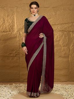 Akhilam - Womens Silk Blend Wine Solid Embroidered Saree with Unstitched Blouse