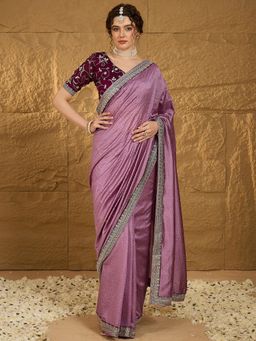 Akhilam - Womens Silk Mauve Embroidered Embellished Saree with Unstitched Blouse