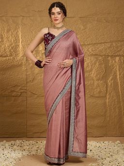 Akhilam - Womens Silk Brown Embroidered Embellished Saree with Unstitched Blouse