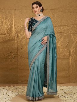 Akhilam - Womens Silk Teal Embroidered Embellished Saree with Unstitched Blouse