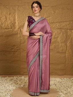 Akhilam - Womens Silk Dark Peach Embroidered Embellished Saree with Unstitched Blouse