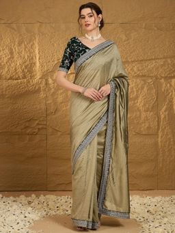 Akhilam - Womens Silk Olive Embroidered Embellished Saree with Unstitched Blouse