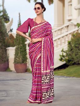 Akhilam - Womens Cotton Silk Pink Stripes Printed Designer Saree with Unstitched Blouse