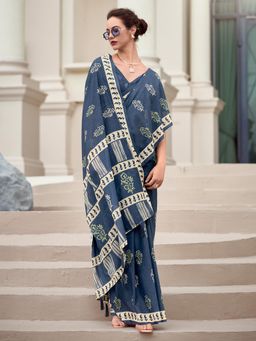 Akhilam - Womens Cotton Silk Navy Blue Printed Designer Saree with Unstitched Blouse