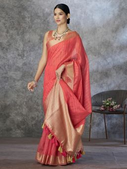 Akhilam - Womens Cotton Silk Orange Stripes Woven Saree with Unstitched Blouse